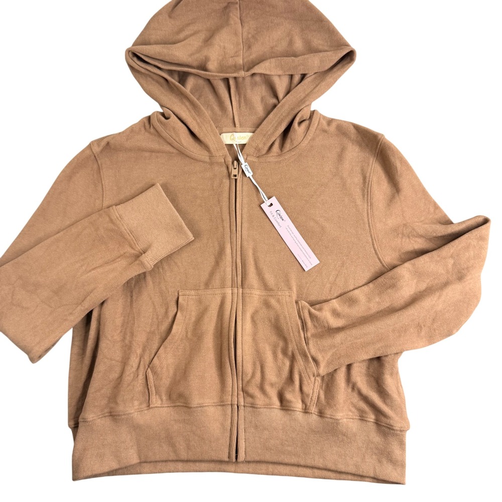 Qinsen Womens XL Camel Brown Full Zip Hooded Sweatshirt Cropped Knit Hoodie NWT